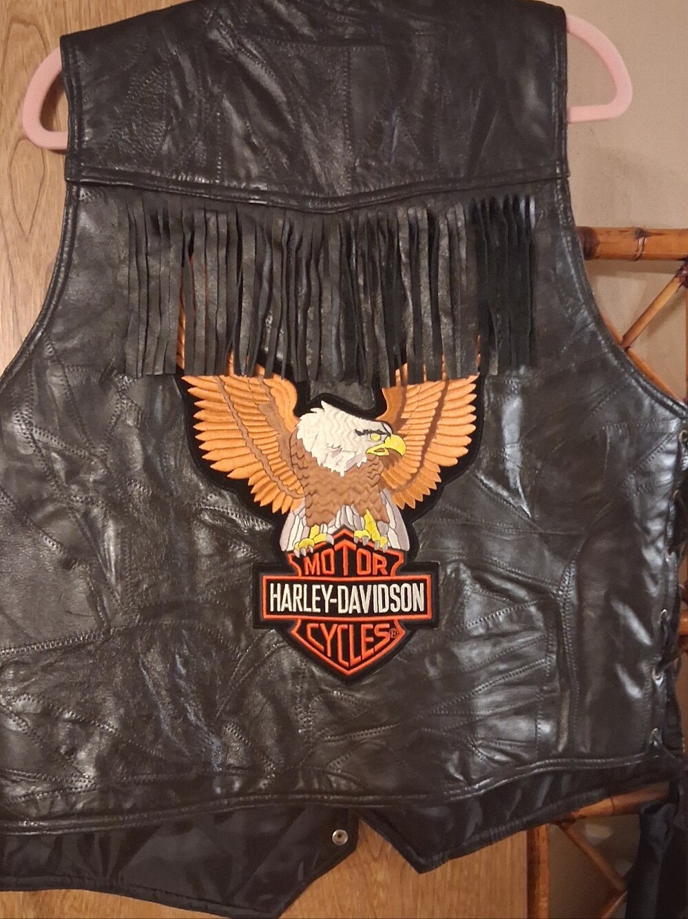 Harley-Davidson Black Leather Fringe Vest with Orange Eagle Patch